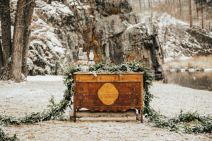 Snowy wedding altar in south dakota wedding